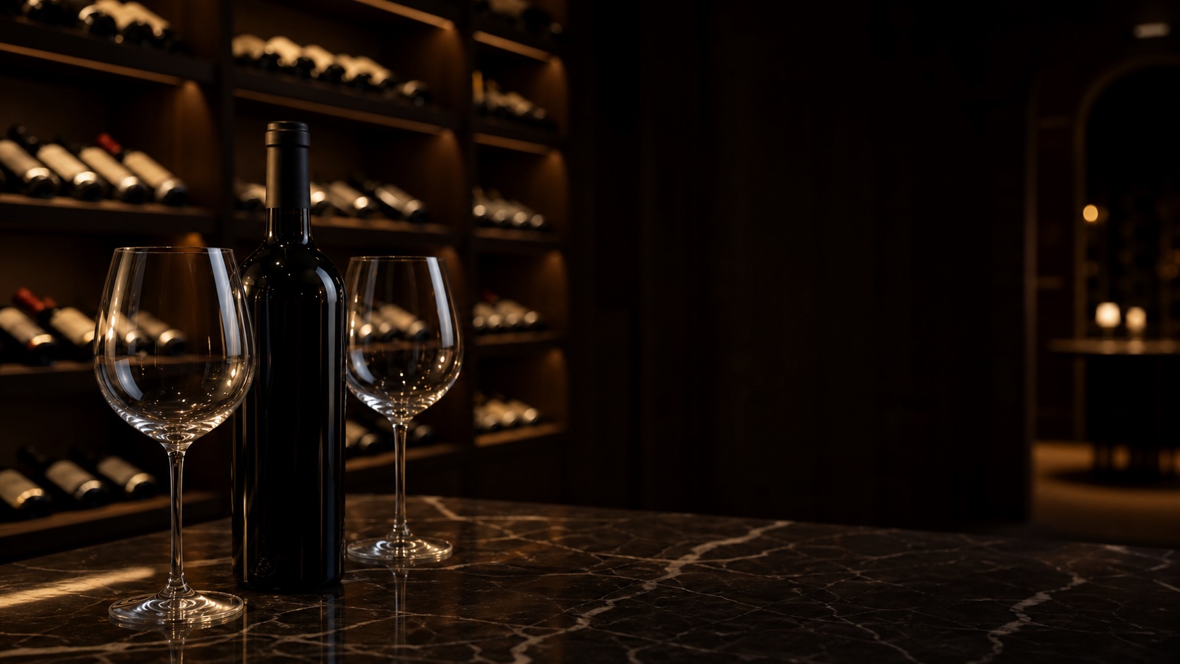Botella y copas en una cava privada