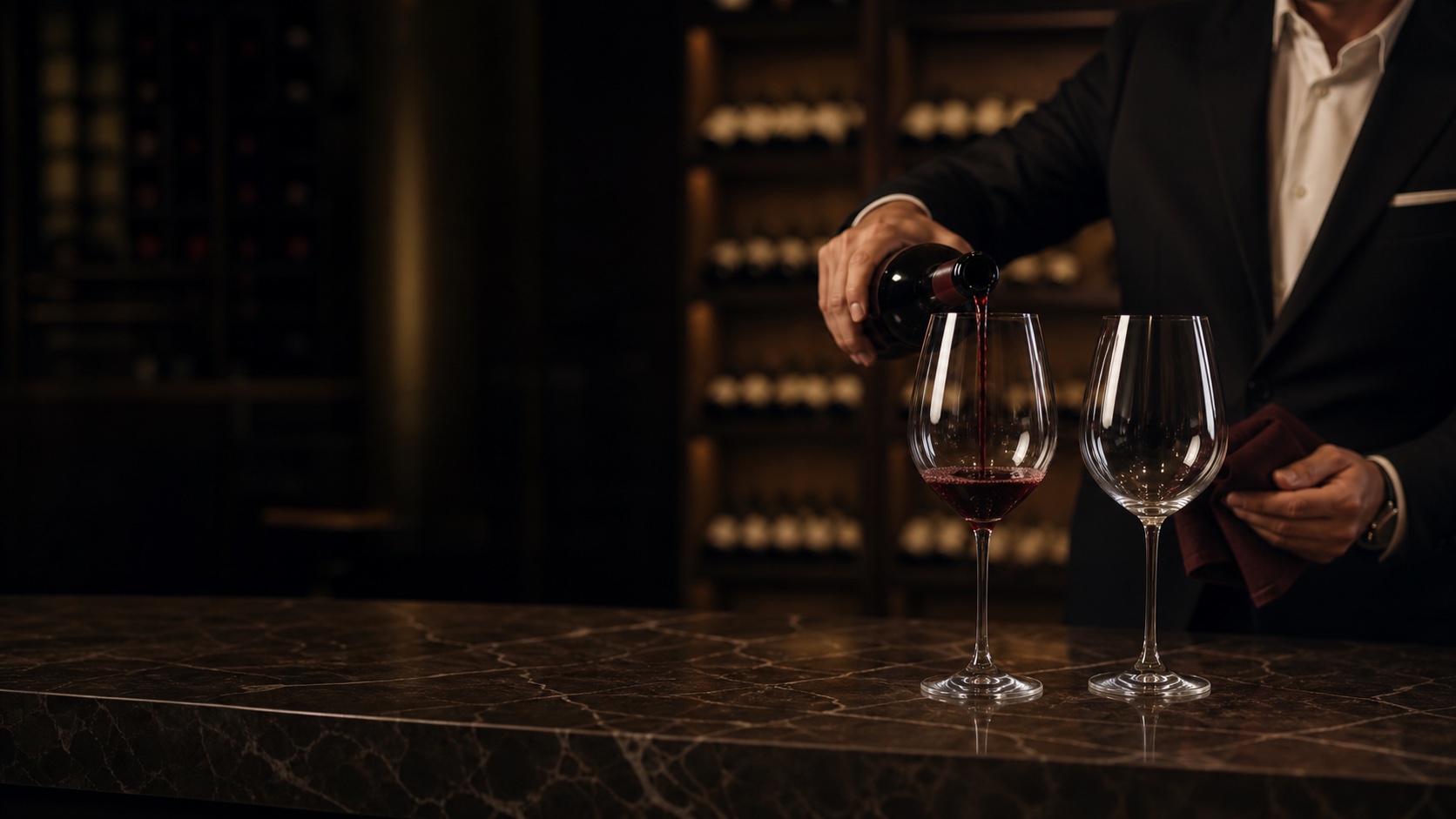 Sommelier sirviendo vino en una cava privada
