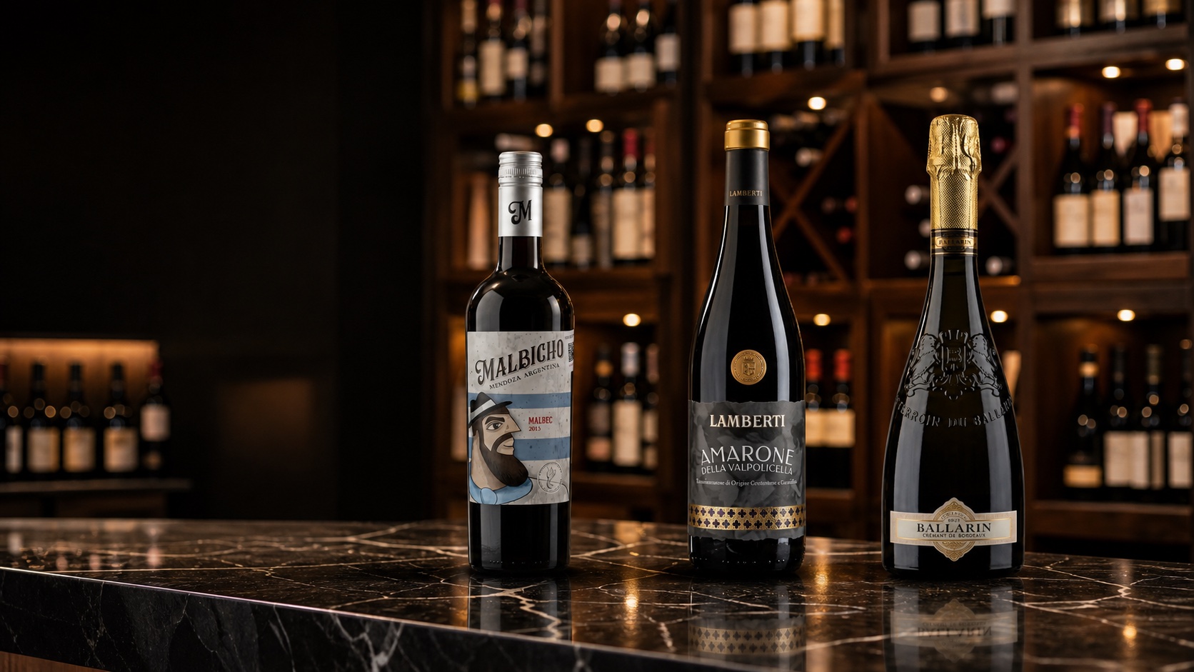 Selección representativa de vinos Mal Bicho, Lamberti y Ballarin dentro de una cava con un catálogo amplio