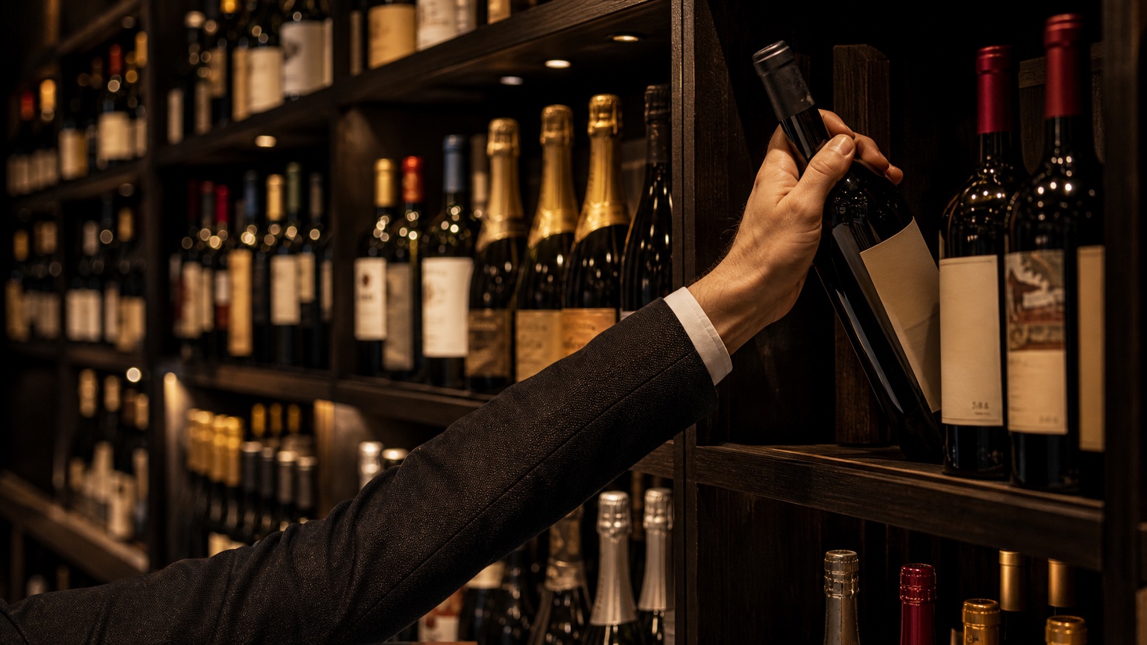 Especialista seleccionando una botella entre una amplia biblioteca de vinos